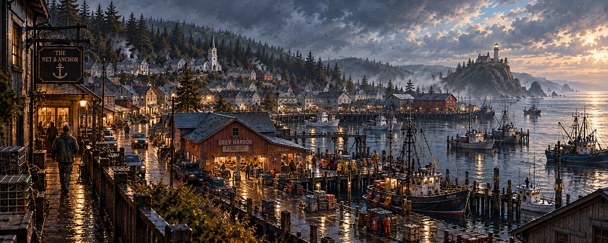 Grey Harbor beneath rain and coastal fog