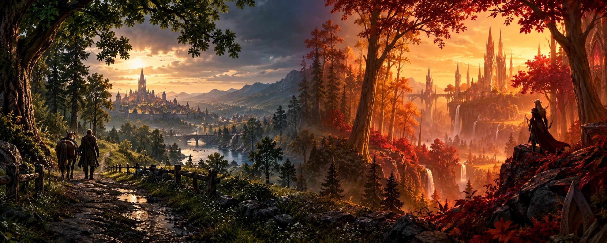 A cinematic landscape blending Elwynn Forest and Eversong Woods