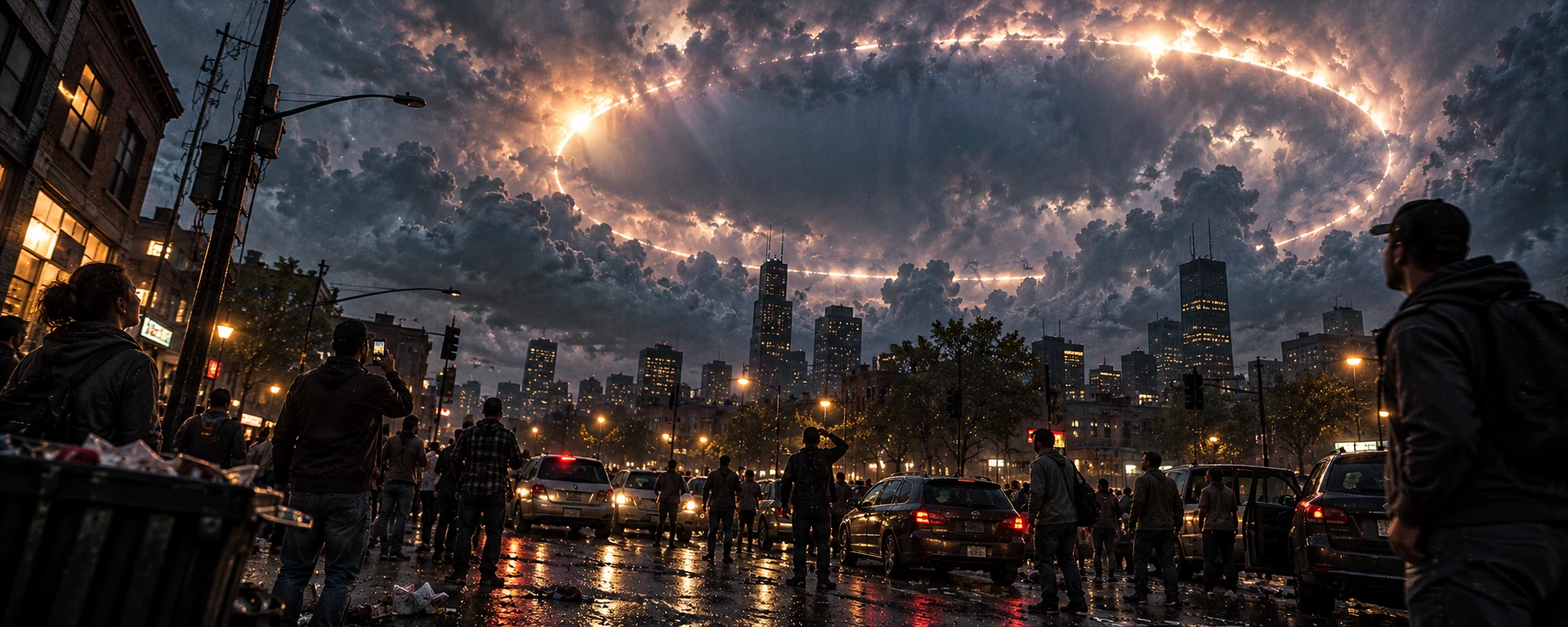 A city street during the global event as an enormous ring of light crosses the sky