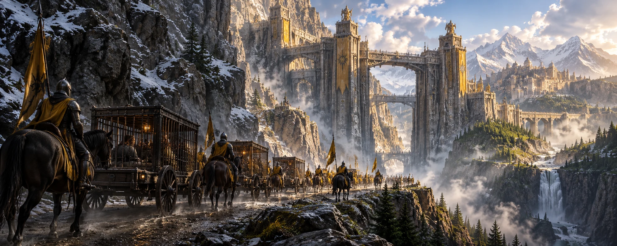 A prisoner caravan approaches the monumental Broken Pass between Nordmarch and the Golden Mandate