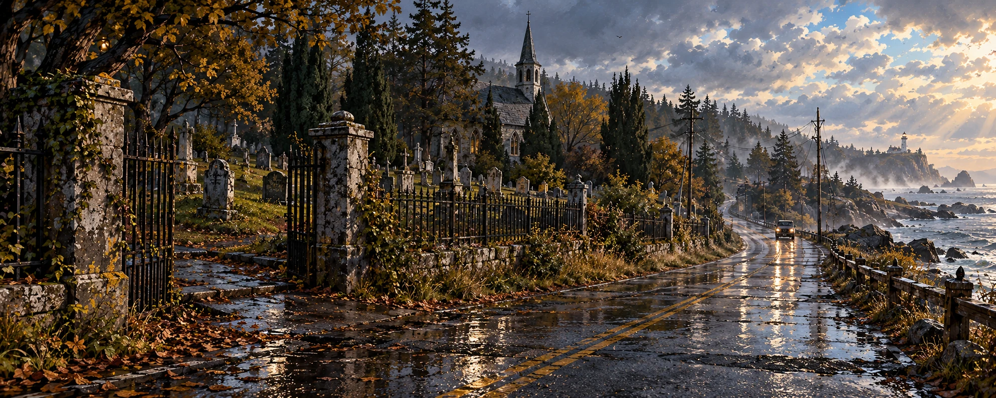 Cemetery Road and the old Grey Harbor cemetery in the fog