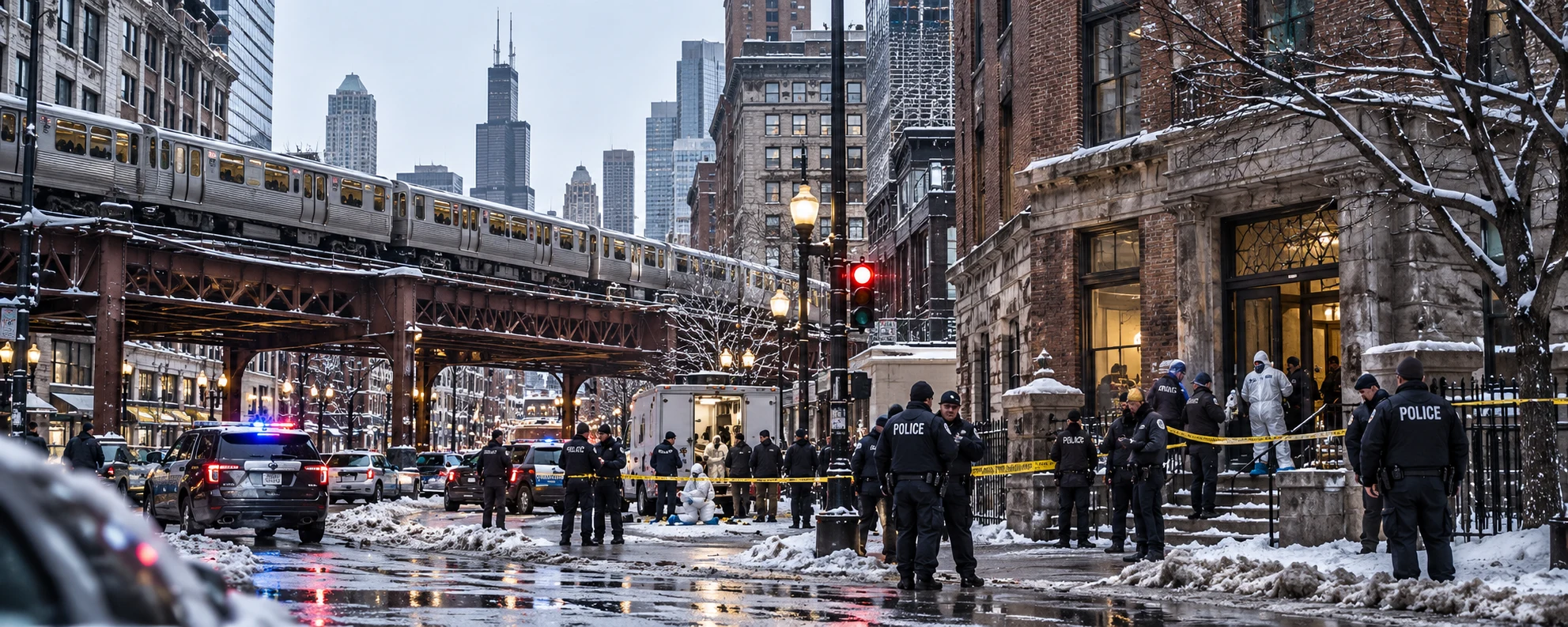 A winter crime scene beneath Chicago's elevated train tracks
