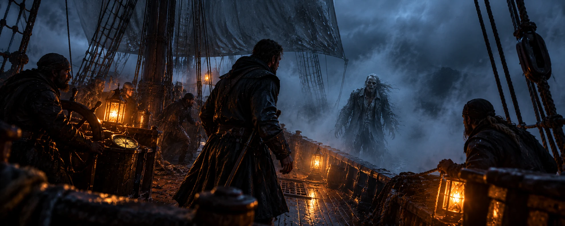 The crew of Rising Fortune confronts a dead sailor's apparition in the unnatural fog of Barclays Curse
