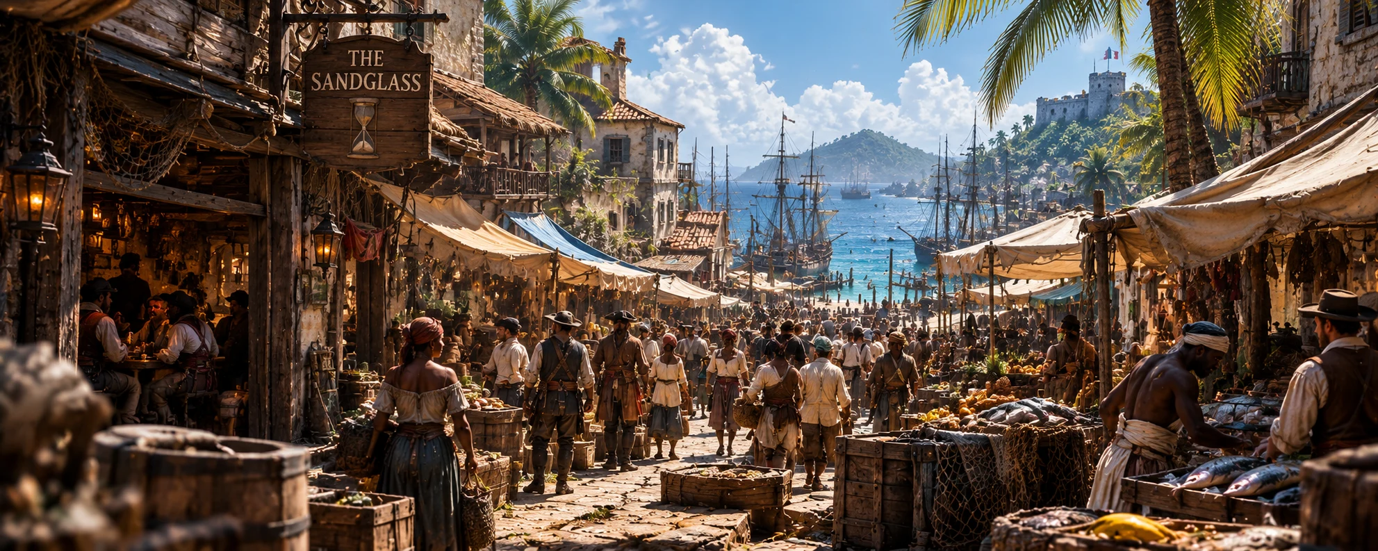 Île Sainte-Marie in bright daylight, crowded with sailors, traders and market stalls