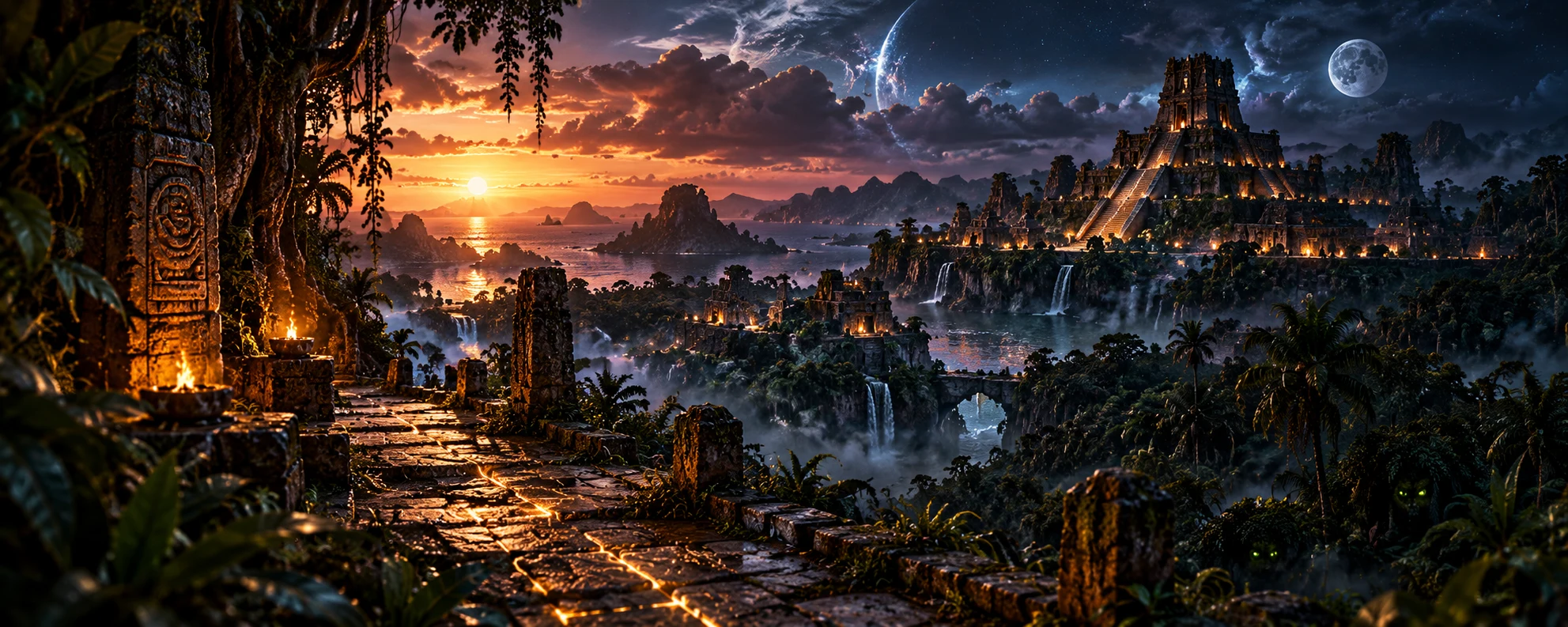 The Isle of Echoes, with an ancient temple rising above a mysterious jungle