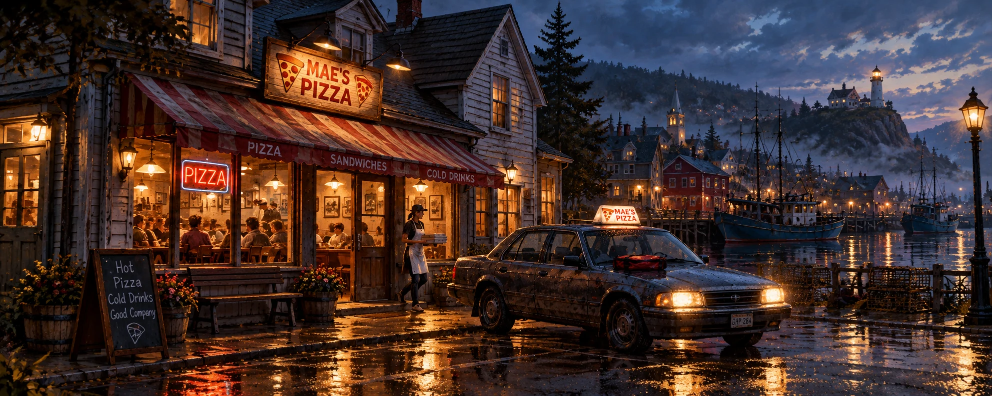 Mae's Pizza in Grey Harbor on a rainy night