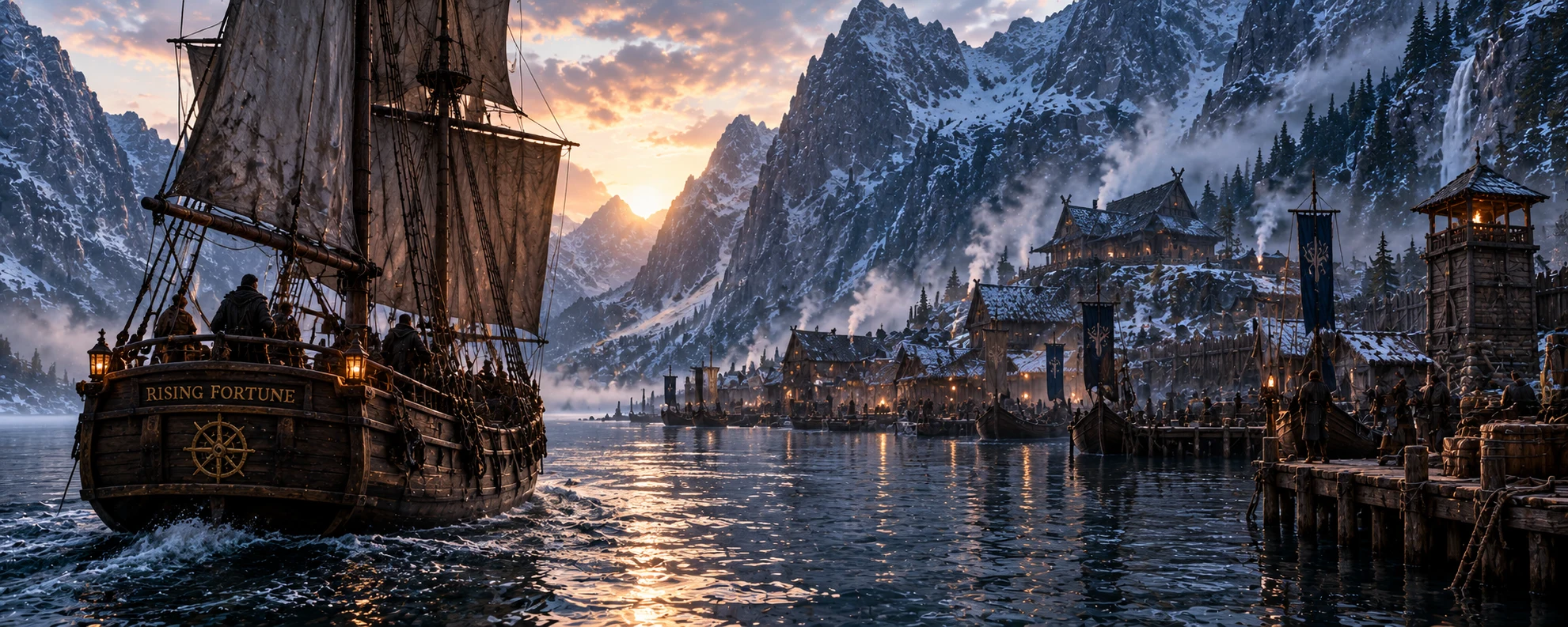 Rising Fortune enters the small harbor of Nordheim beneath the mountains of Stormwake Fjord