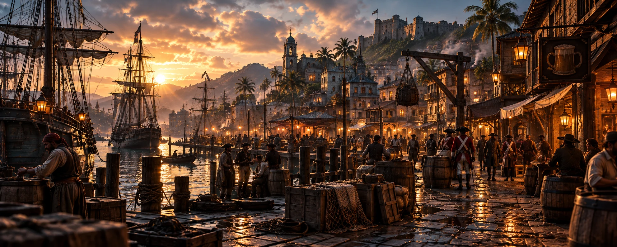 Port Royal at dusk, crowded with ships, merchants, sailors and soldiers