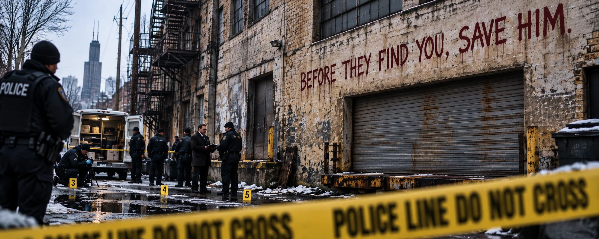A Chicago crime-scene photograph showing the message Before They Find You, Save Him